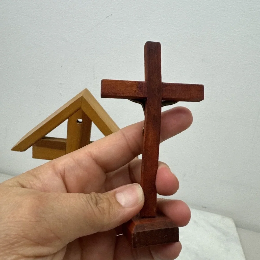 2 Vintage Wooden Crucifix Alter & Prayer Religious Candle Holder Made in USA